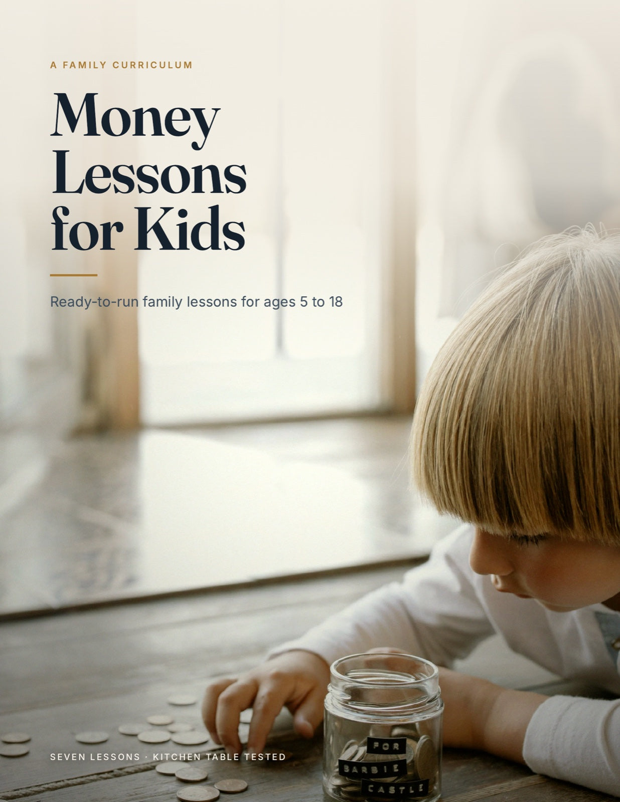 Money Lessons for Kids cover, a child adding coins to a labeled savings jar
