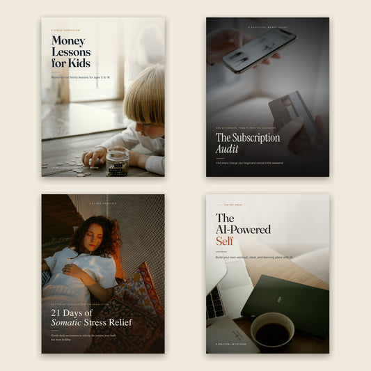 The Household Reset bundle: four PDF guide covers on a warm paper background