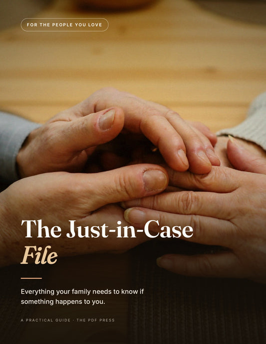 The Just-in-Case File PDF guide cover: two hands held together on a warm wooden table