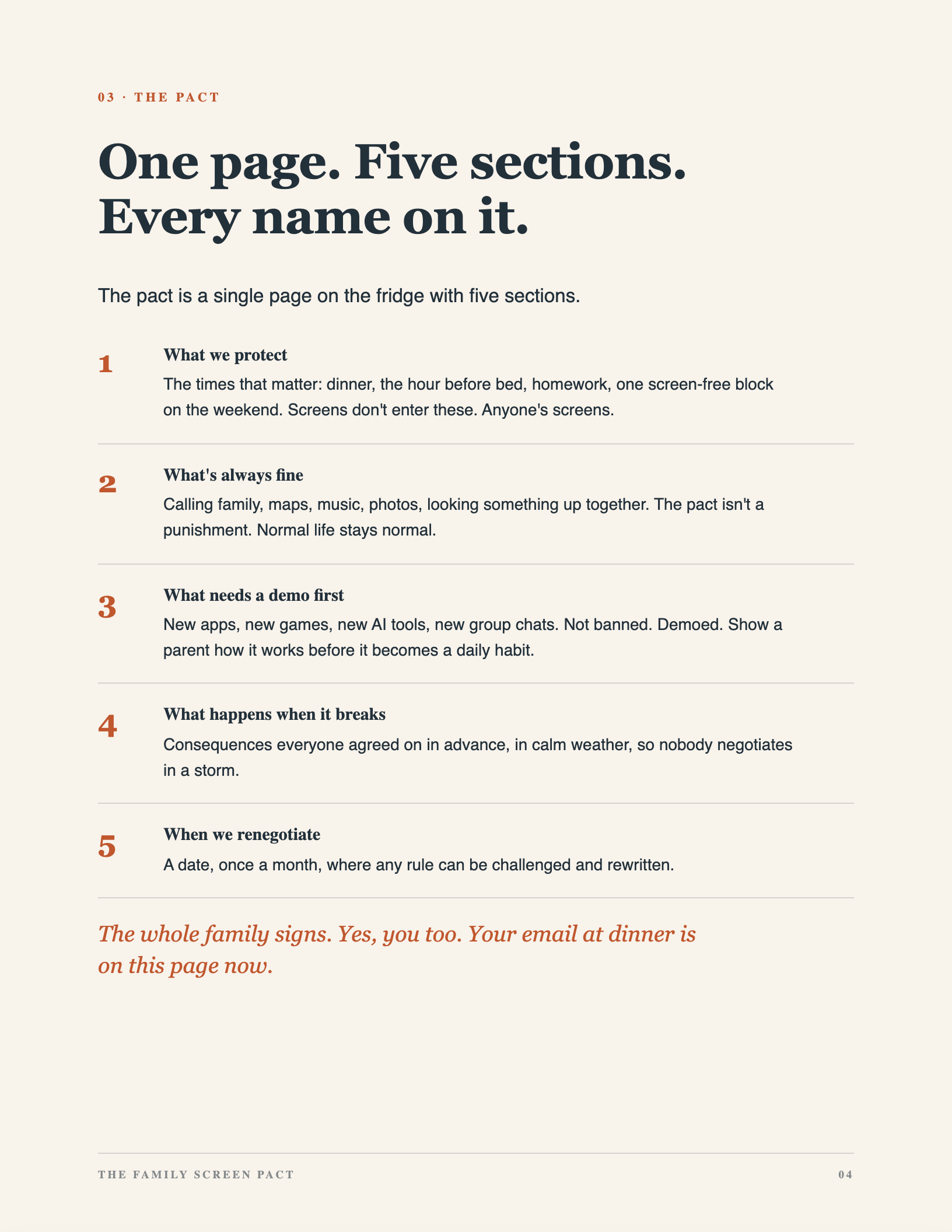 The five-section pact page from inside the guide