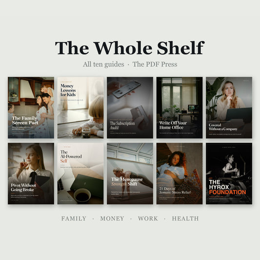 The Whole Shelf: the covers of all ten PDF Press guides shown together, spanning family, money, work and health
